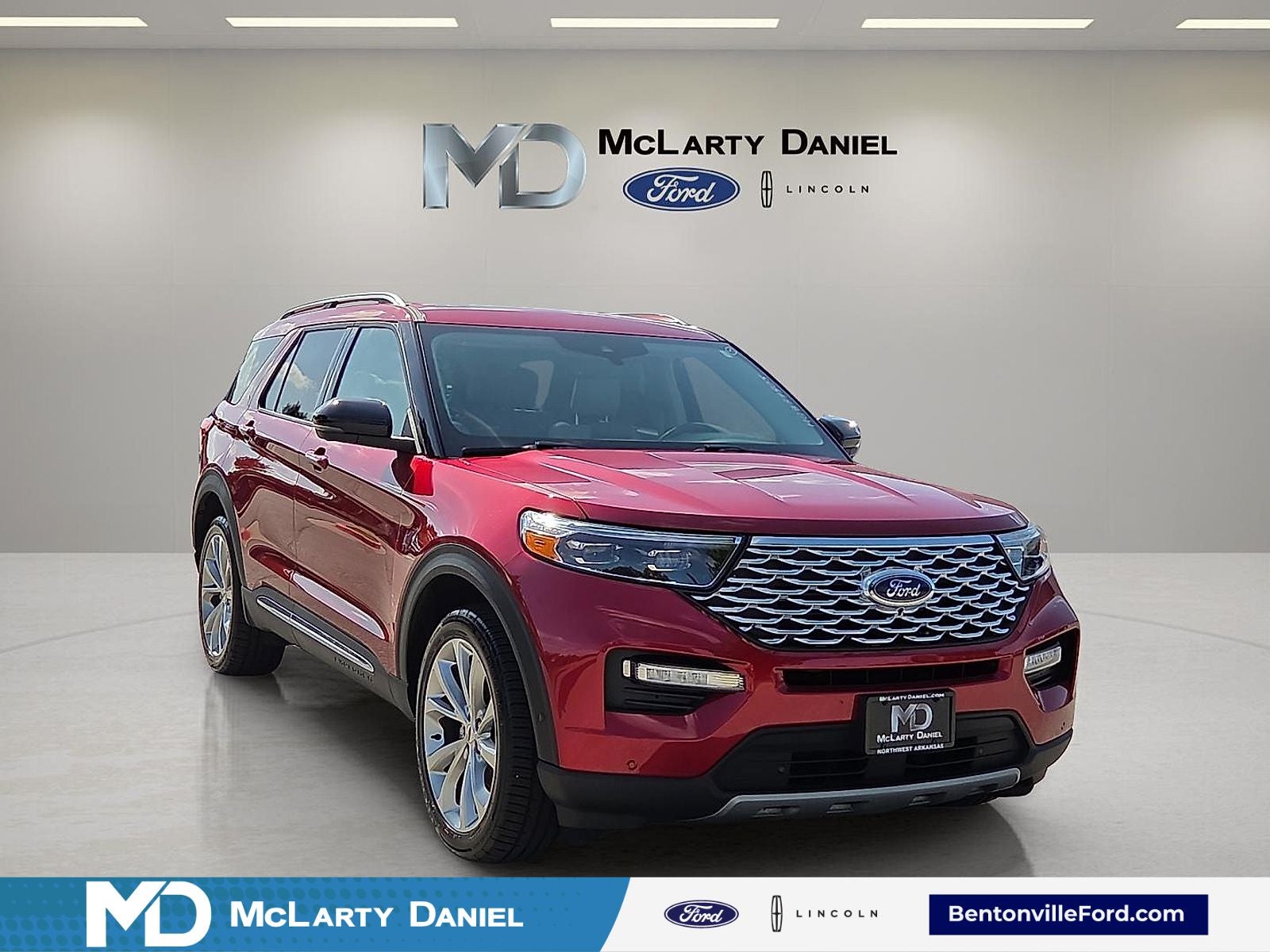 2021 Ford Explorer Platinum in Red Metallic — front three-quarter view